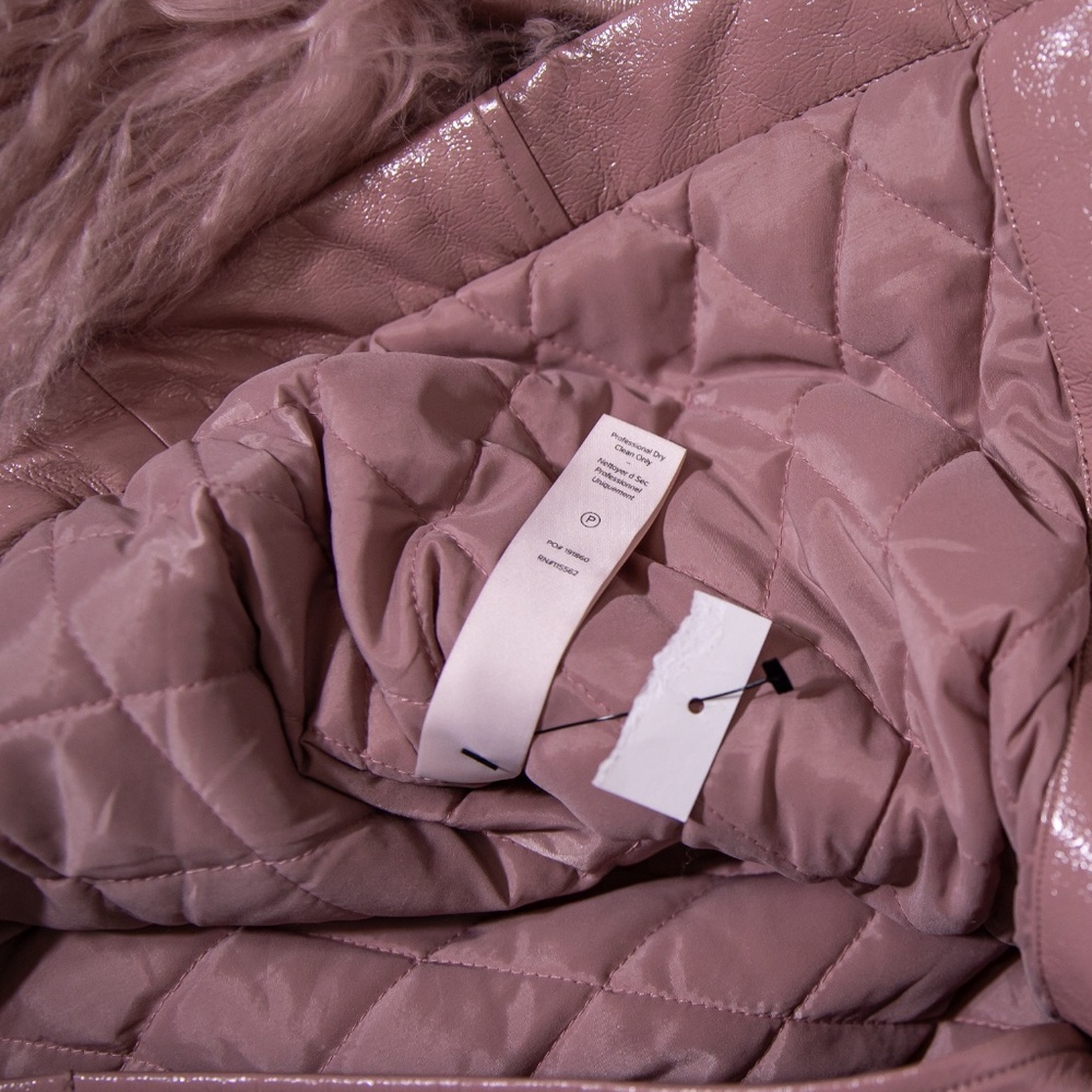 Cinq A Sept Blair Mongolian Lamb Trim Tie Waist Patent Coat Jacket Salt Pink XXS - Picture 3 of 4